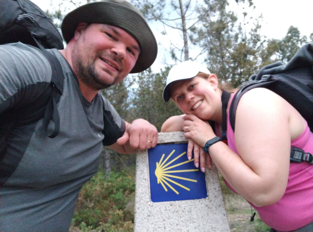 Me, my wife Sonia and a Santiago's way milestone.